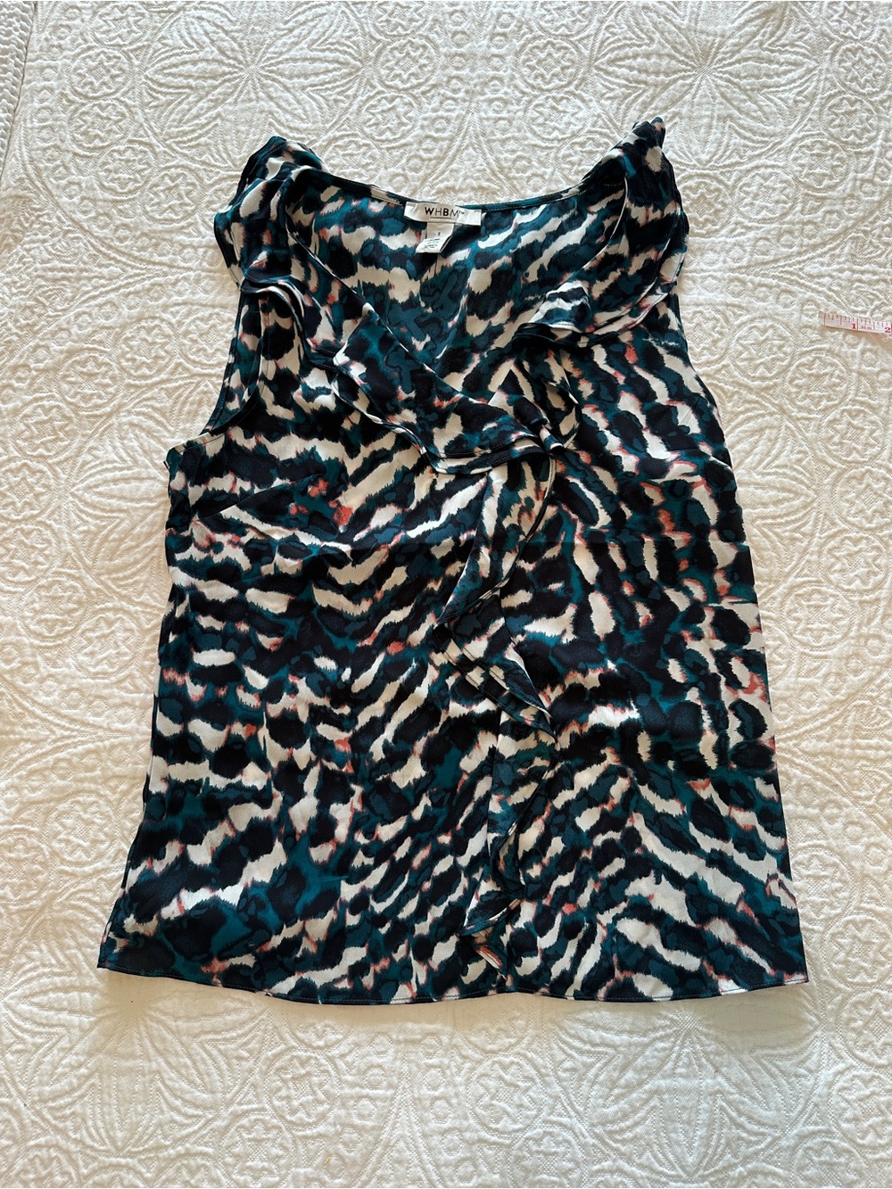 White House Black Market Teal Black White Printed Ruffle V-Neck Blouse